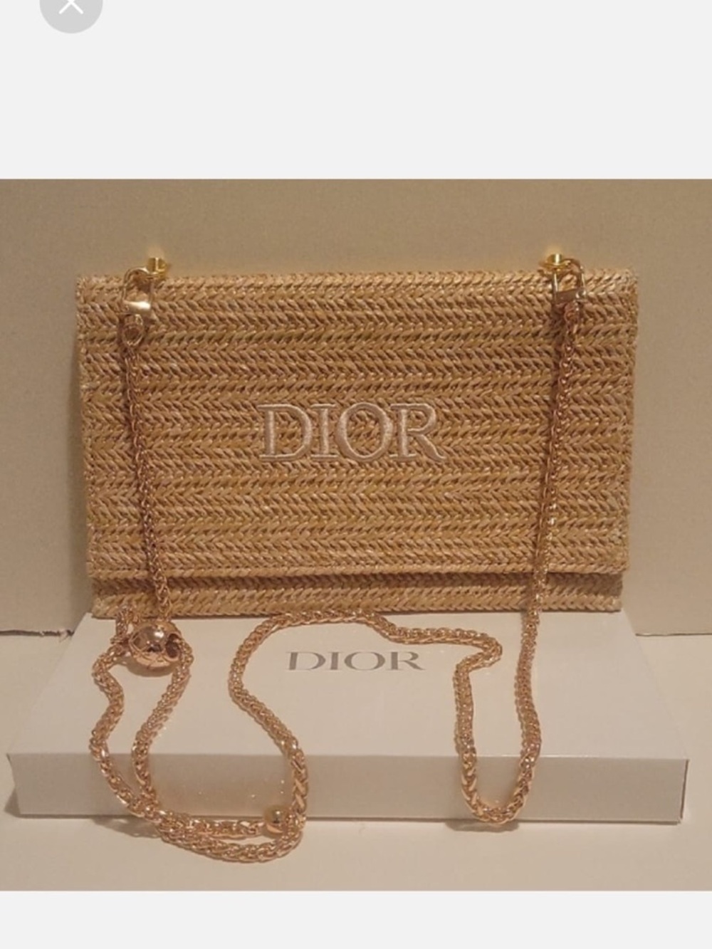 Dior Gold Straw Raffia Woven Cosmetic Zipper Bag Pouch